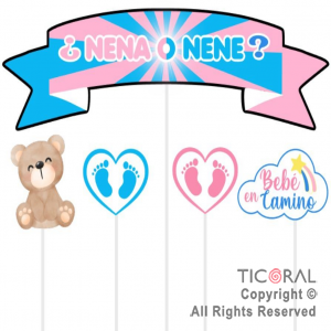 ADORNO PINCHE PARA TORTA FELIZ CUMPLE REVELACION NENA O NENE x 5 UNIDADES